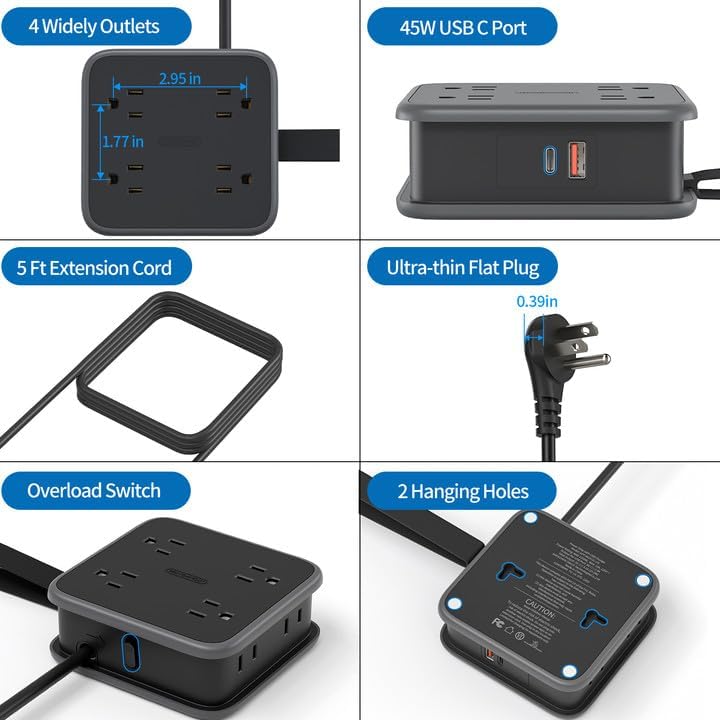 NTONPOWER 8-Outlet Flat Plug Power Strip with 45 W USB-C Fast Charging Port – Compact Multi-Device Extender with 5 ft Cord, Ideal for Home and Travel, Compatible with i Phone, Mac Book Pro, Tablets, and Samsung – Smart Design for Organized Charging Solutions