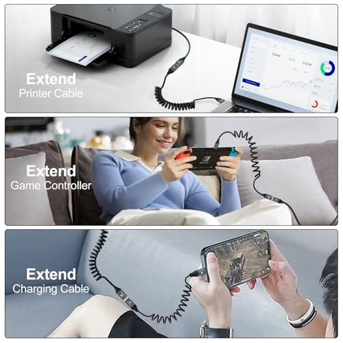 Retractable Coiled USB B to USB C Cable for High-Speed Data Transfer – 5 Gbps Compatibility with Mac, PC, Laptops, MIDI Keyboards, and DJ Controllers – Adjustable Length from 0.75 FT to 3.3 FT for Effortless Connectivity and Organization