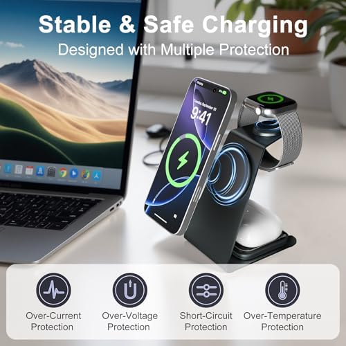 Ultimate 3-in-1 Magnetic Wireless Charging Station: Rapid 15 W Charger for i Phone 16/15/14/13/12 Pro Max, Apple Watch Ultra, and Air Pods Series – Portable Desk Dock with Adjustable Night Light for Home, Office, and Travel – Enhanced Compatibility and Safety Features