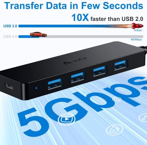 Ultra-Slim 4-Port USB 3.0 Hub with 2 ft Extended Cable – High-Speed Data Transfer for Mac Books, PCs, and More – Compact USB Expander for Enhanced Connectivity, Ideal for On-the-Go Professionals and Home Offices
