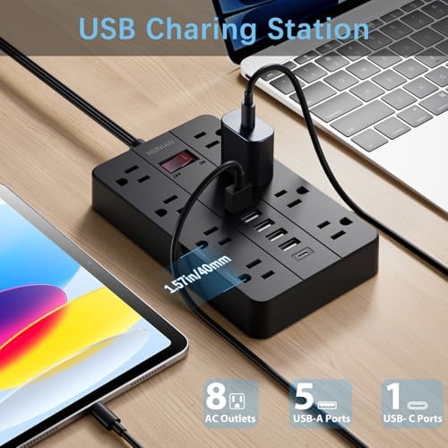 HUNIAN 5 Ft Flat Plug Power Strip with 8 Outlets and 6 USB Ports, Including USB-C Charger – Ultimate Surge Protector for Efficient Home and Office Charging Solutions, Compact Design for Desk and Travel Use, Black