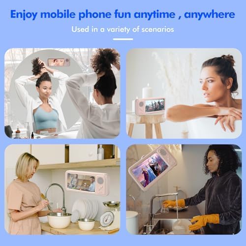 Shower Phone Holder with Wireless Bluetooth Speaker,Waterproof 480 Rotation Viewable Shower Phone Stand Case Mount Speakers for Bathroom Wall Mirro for 4″- 6.8″ Cell Phones (Pink) – Enhanced Compatibility and Speed