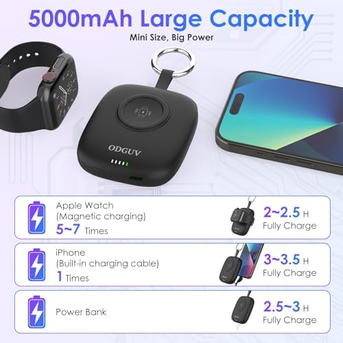 Compact 5000 m Ah Portable Charger with Built-in Cable – Keychain Power Bank for Apple Watch and i Phone – Fast Wireless Charging for Apple Watch 9/Ultra2/8/7/6/SE/5/4/3, Compatible with i Phone 15/14/13/12/11 & Android Devices – Ultimate Travel Accessory for On-the-Go Power