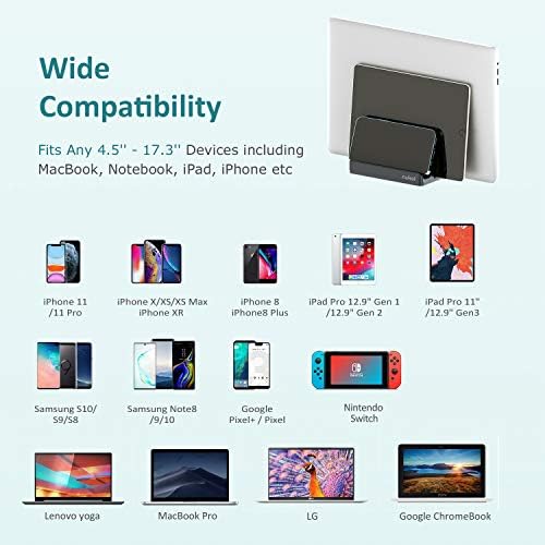 Transform Your Workspace with SPACEMax Premium Vertical Laptop Stand – Adjustable Aluminum Holder for Laptops Up to 17.3” Featuring Advanced Anti-Tip GRIPLock Technology – Versatile 4-Slot Design for Tablets and Phones – Elegant Silver Finish for a Modern Desk Aesthetic – Enhance Your Workflow Efficiency and Posture with Lightweight, Durable Construction