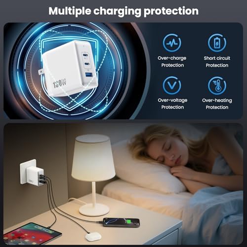 High-Power 130 W USB-C Charger Block | 3-Port Ga N Fast Charging Station | Compact Foldable Type C Wall Charger for Laptop, i Phone 16/15, i Pad Pro & Galaxy Series | Efficient PD QC Charging Solution for On-the-Go Connectivity