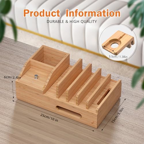 Sleek Bamboo Multi-Device Charging Station with 5 USB Ports, Integrated Smart Watch Stand & 5 Charging Cables – Ultimate Desktop Organizer for Cell Phones, Tablets & Smartwatches – Eco-Friendly Design for Fast Charging & Clutter-Free Spaces