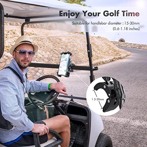 Universal Adjustable Golf Cart and Bike Phone Holder – Secure Smartphone Mount for i Phone 14, 13, 12, 11 Pro Max & Samsung Galaxy S21, S10, S9 – Versatile 360° Rotation for Optimal Viewing – Compatible with 4.7-6.8” Devices – Durable, Weather-Resistant, Hands-Free Access for Golfing and Cycling Adventures