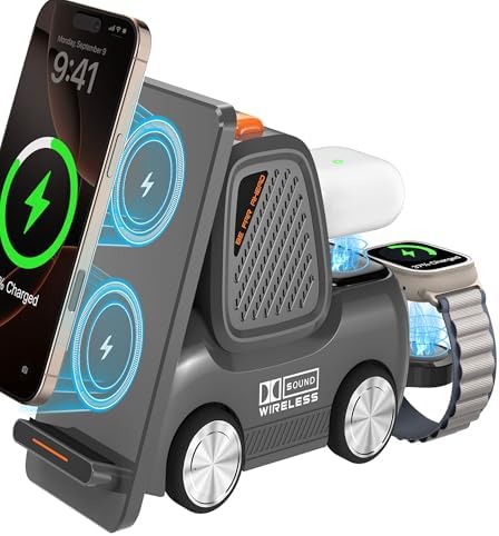 Forklift-Style 4-in-1 Wireless Charging Station with Bluetooth Speaker – Fast Charging Hub for i Phone 16/15/14/13 Pro Max, Apple Watch, Air Pods & Android Devices – Premium Sound & Compact Travel Design for Seamless Audio Streaming & Device Safety