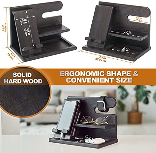 TESLYAR Wood Phone Docking Station for Men – Desktop or Nightstand Organizer – Birthday Gifts for Men, Dad – Anniversary Idea from Wife – Key Holder, Stand Wallet, Watch & Essentials (Antique Brown) – Enhanced Compatibility and Speed