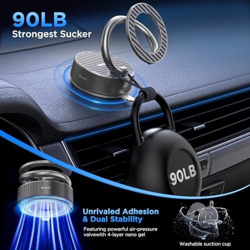 Mag Safe-Compatible Car Phone Holder with Strong Vacuum Magnetic Suction – Ultra-Long Adjustable Metal Arm & 360° Rotating Mount for All Smartphones – Sleek Carbon Fiber Design for Enhanced Stability, Convenience, and Safety on the Go