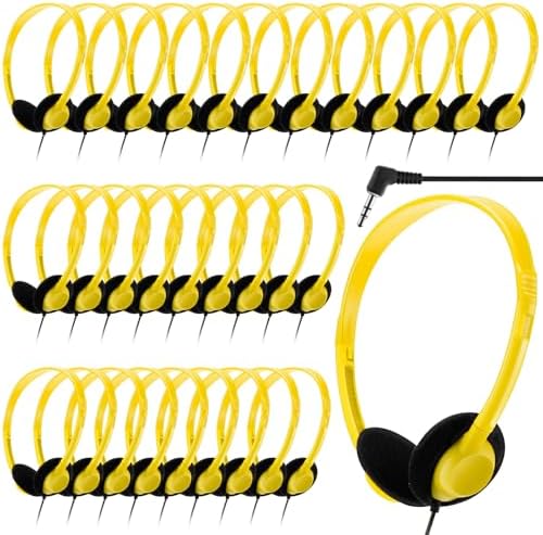 Yunsailing 30-Pack Classroom Headphones – Lightweight & Durable On-Ear Headsets with 3.5 mm Jack for Engaging Learning – Cheerful Light Yellow Color for Students and Teachers in Educational Settings