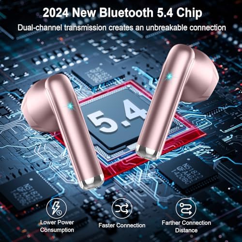 Elevate Your Listening Experience with Rose Gold Wireless Earbuds – Bluetooth 5.4 Headphones Featuring 30-Hour Battery Life, Advanced ENC Noise Cancellation for Clear Calls, IP7 Waterproof Design for Active Lifestyles, and Dynamic 3 D Bass – Perfect for Music Lovers and Professionals Seeking Style and Performance with a Premium LED Charging Case