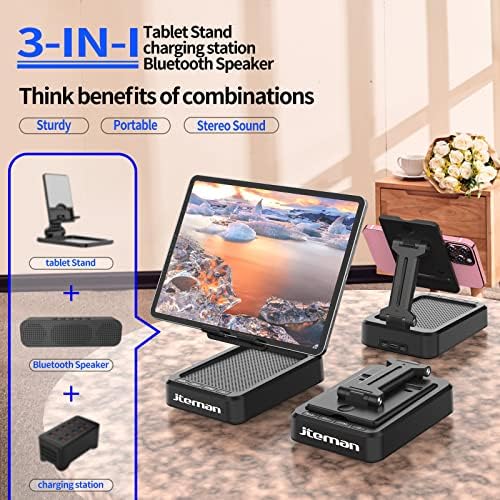 Transform Your Multimedia Experience with the JTEMAN Adjustable Tablet Stand Featuring Bluetooth Speakers – Versatile Kitchen Gadget and Perfect Gift for Him or Her – Wireless Charging Station for Phones and Tablets, Enhanced Compatibility for All Devices