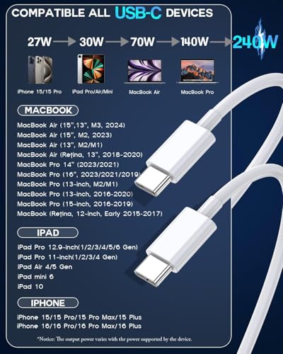 USB C to USB C,240W USB-C Woven Charge Cable,6.6ft 2Pack USB C Cable Fast Charging Cord for Apple MacBook Pro/MacBook Air,iPad Pro/Air,iPad mini,iPhone 16 15 Pro Max Plus Compatible 140W/100W/60W/45W – Enhanced Compatibility and Speed