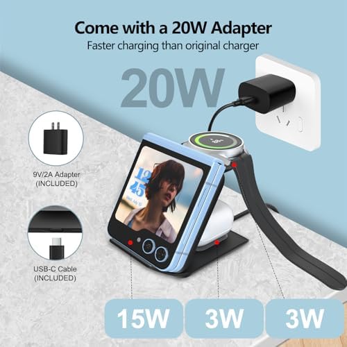 Portable 2-in-1 Fast Charging Station for Samsung Galaxy Z Flip Series – Foldable Wireless Charger with Enhanced Compatibility for Galaxy S, Note, and Watch – Ideal Travel Companion with Adapter Included – Sleek Black Design for Effortless Power on the Go