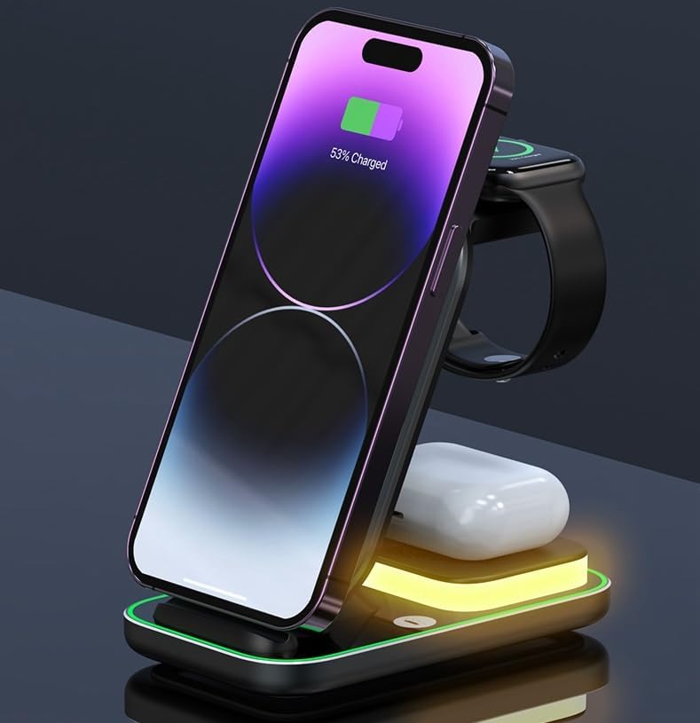 Effortless Charging Hub: Mag Safe-Compatible 3-in-1 Wireless Charger Stand for i Phone, Apple Watch & Air Pods – Adjustable Height & Built-in Night Light for Optimal Convenience – Sleek Black Design for Home & Travel Use