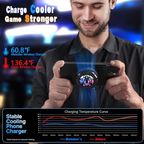 Maledan Advanced Magnetic Wireless Charger with Cooling Technology – 15 W Qi2 Fast Charging Pad for i Phone & Samsung Galaxy – Enhanced Performance Cooling Fan for Gaming & Streaming, Silent Operation, and Unmatched Durability – Ultimate Solution for Overheating Prevention and Optimal Device Health