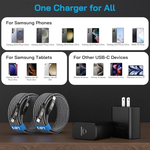 Dual-Pack 45 W Super Fast USB-C Charger with 6.6 ft Cables – Optimized PD/PPS Wall Charging Block for Samsung Galaxy S25/S24/S23 Ultra and Tab S8 – High-Efficiency Charging Solution for Home and Office Use