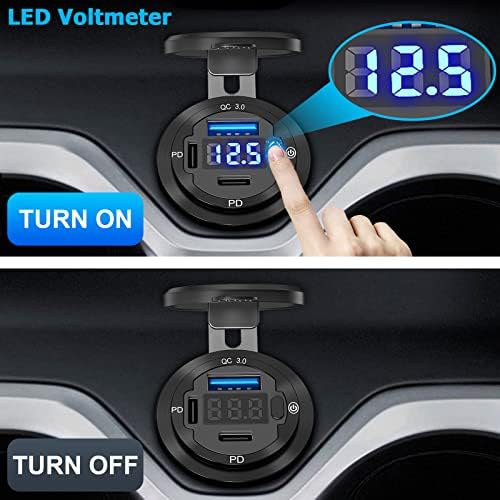 High-Speed Dual USB C Car Charger Socket 12 V Outlet – 2 Pack Aluminum Metal 78 W with 30 W PD & 18 W QC3.0 Ports, Waterproof LED Voltmeter & Power Switch for RVs, Motorcycles, and Marine Use – Ultimate Compatibility & Reliability for All Devices