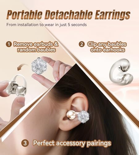 Chic Wireless Bluetooth 5.4 Earbuds with Fashionable Detachable Flower Earrings – Stylish Open Ear Headphones for Women, Waterproof IPX5 Rated, 50-Hour Playtime, Ideal for Festivals, Parties, and Unique Gift Giving (White)