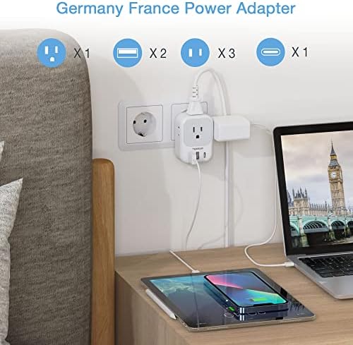 Ultimate European Travel Power Adapter: 4 AC Outlets & 3 Fast Charge USB Ports (1 USB-C PD 20 W) – Compact, Foldable Design for Effortless Connectivity in Spain, France, Germany, Italy, Portugal & Iceland – Versatile Compatibility for All Your Devices