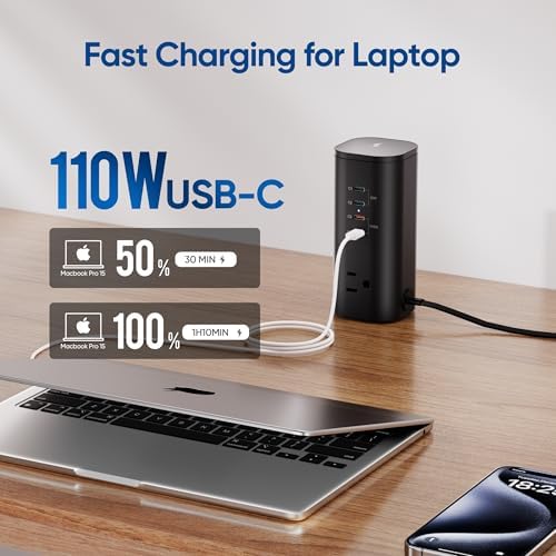 Ten Trend Surge Protector Tower: 160 W Fast Charging Hub with 3 AC Outlets & 8 USB Ports (4 USB-C) – 5 FT Flat Plug Extension for Home Office Efficiency and Device Safety