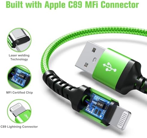 Apple C89 MFi Certified 7-Foot Lightning to USB-A Braided Charging Cable for i Phone 14/13/12/11 Pro, Max, Mini, SE, XS, XR, 8/7/6 Plus, i Pad & Air Pods – Durable, Fast Charging & Stylish Orange/White Design for Enhanced Compatibility