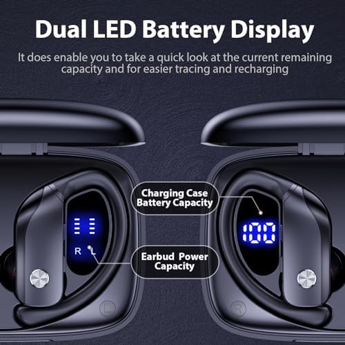 BMANI Bluetooth Wireless Earbuds – 48-Hour Playback Sport Headphones with LED Battery Display, Over-Ear Design & Secure Earhooks, Perfect for Active Lifestyles and Hands-Free Calls, Enhanced Compatibility for Seamless Device Pairing – Ideal for Workouts and Daily Commutes
