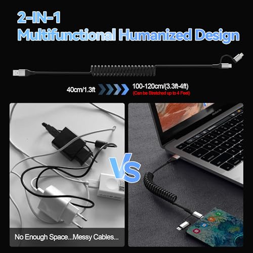 Universal Coiled USB to USB-C and Lightning Charging Cable for Car – 3 A Fast Charge & Data Sync Solution for i Phone and Android Devices – Ideal 3 Ft Length for Seamless Apple Car Play & Android Auto Integration – Durable, Tangle-Free, and Convenient Power Access in Your Vehicle – Enhance Your Driving Experience with Reliable Connectivity