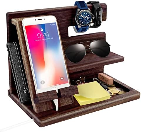 Gifts for Men, Wood Phone Docking Station, Mens Gifts for Birthday Gifts for Men or Gifts for Dad Fathers Day, Desk Workspace Organizer Nightstand Organizer Key for Wallet & Watch Holder – Enhanced Compatibility and Speed