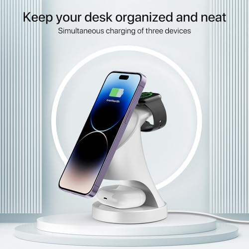 All-in-One Mag Safe Wireless Charging Station for Apple Devices – Fast 3-in-1 Charger Dock for i Phone 16/15/14/13/12 Pro/Max/Plus/Mini, Air Pods 2/3/Pro, and Apple Watch Series Ultra/8/7/SE/6/5/4/3/2 – Sleek, Space-Saving Design with Advanced Safety Features