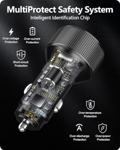 Dual USB C Car Charger with QC 3.0 Technology – 66 W Fast Charging Adapter + 2 Lightning Cables for i Phone 15/14/13/12 Pro Max and Galaxy S23/S22/S21 Ultra – MFi Certified for Reliable Compatibility on All Your Road Trips – Effortless Dual Device Charging with Enhanced Speed and Durability