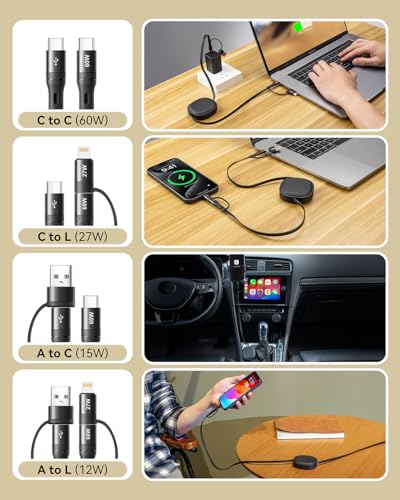 Revolutionize Your Charging Experience with the 5-in-1 Retractable Fast Charging Cable – 60 W Multi-Device Solution for i Phone 16/15/14/13, i Pad, Samsung S24/S23, and More – Compact 3.8 Ft Length with USB-A/C, Lightning & Micro USB Ports for Ultimate Compatibility and On-the-Go Convenience