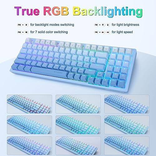 HUO JI Gradient Blue Wireless Mechanical Keyboard – Versatile 3-Mode Connectivity (Bluetooth, 2.4 G, Wired) with RGB Backlighting & Hot Swappable White Switches for Ultimate Customization – Compact 94-Key Layout Perfect for Gaming & Office Use