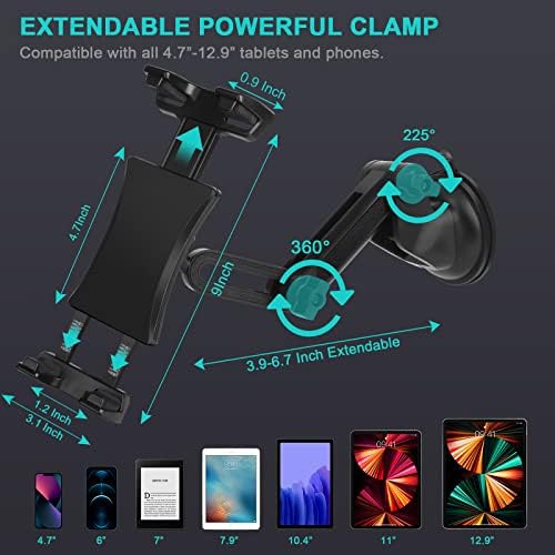 Universal 360° Adjustable Tablet Car Mount for Dashboard & Windshield – Secure Suction Cup Holder for i Pad Pro, Samsung Galaxy & More – Hands-Free Access & Enhanced Stability with TPU Sticky Pad for Safe Driving Experience