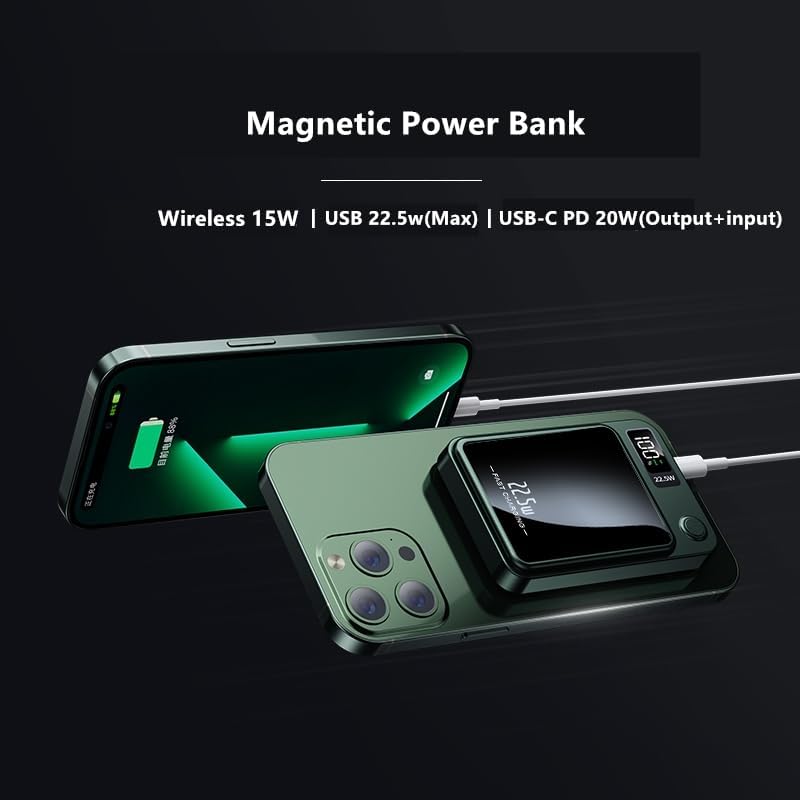 Magnetic Wireless Power Bank – 10000 m Ah Portable Charger with 22.5 W Fast Charging, LED Battery Indicator, USB-C Compatibility for i Phone & Samsung Galaxy – Ultimate On-the-Go Charging Solution in Sleek White Design