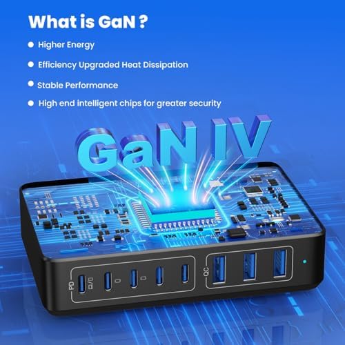 Revolutionary 300 W Ga N IV Technology USB-C Charging Hub – 8-Port Multi-Device Charger for Mac Book Pro/Air, DELL Laptops, i Phone 16/15/14 & Galaxy S25 – Sleek Navy Finish for Enhanced Home & Office Efficiency – Your Premier Solution for Rapid Device Power and Seamless Connectivity