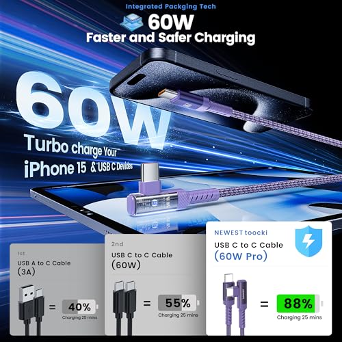 10 ft USB C to USB C Charger Cable (2-Pack) – 60 W Fast Charging Type C Cord with Right Angle Connector for i Phone 16, 15 Pro Max/Plus, Mac Book Air, Samsung S23 Ultra/S22, Note 20 – Superior Durability & Enhanced Ergonomics for Optimal Device Performance