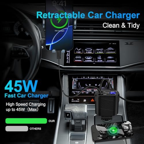 Ultra-Fast 45 W 4-in-1 Retractable Car Charger with Dual Cables for Samsung Galaxy – Optimized Charging for A-Series and S-Series Models, USB A & C Ports, Tangle-Free Design for Ultimate Convenience and Compatibility
