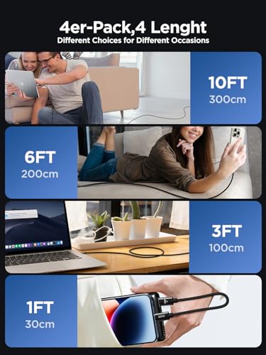 Ultimate 4-Pack USB C to USB C Cables – 60 W Fast Charging Solutions with Durable Nylon Braiding, Flexible Lengths (1 ft, 3 ft, 6 ft, 10 ft) for i Phone 16, Mac Book Pro, i Pad Pro, Samsung Galaxy S24/S23 Ultra & Nintendo Switch – Perfect Connectivity for Home, Office & Travel