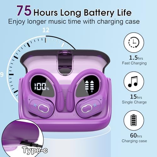 Ultimate Bluetooth 5.4 Wireless Earbuds with 75-Hour Playtime – Ergonomic Deep Bass Sport Headphones with IPX7 Waterproof Rating for Active Lifestyles, Advanced ENC Noise Cancelling Mic for Superior Call Clarity – Ideal for Fitness and Outdoor Activities