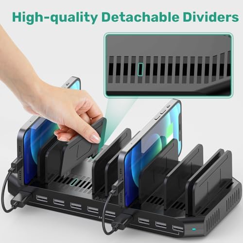 Ultimate 10-Port USB Charging Station with QC3.0 – 60 W Multi Charger Hub for Tablets & Smartphones, Customizable Dividers for Organized Power Management, Fast Charging Technology for Home & Office Use