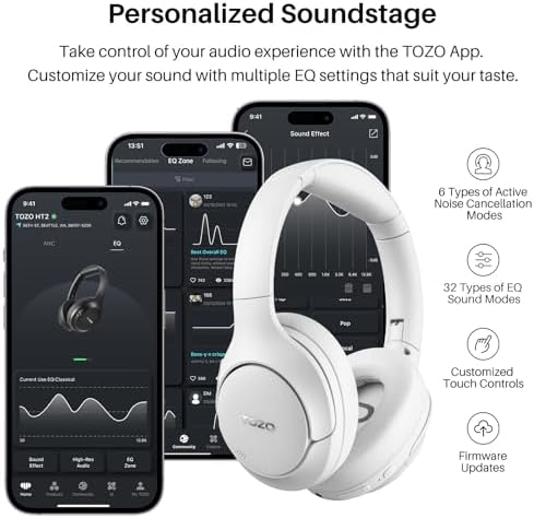 TOZO HT2 Wireless Over-Ear Headphones with Superior Active Noise Cancellation – Immerse in 60-Hour Playtime, Personalized Hi-Res Audio with Custom EQ, and Rich Deep Bass – Luxurious Khaki Design for Home, Office, and Travel Enthusiasts Seeking Unmatched Comfort and Sound Quality