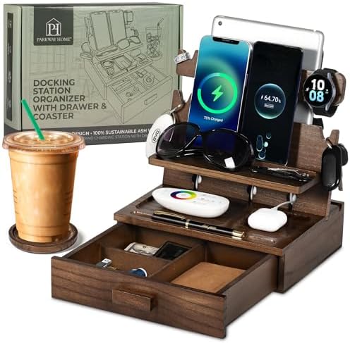Premium Black Wood Multi-Device Docking Station – Sleek Nightstand Organizer with Hidden Drawer for Valuables, Ideal for Phones, Tablets, Apple Watch, Keys, and EDC Essentials – Streamlined Charging and Elegant Design for Home or Office