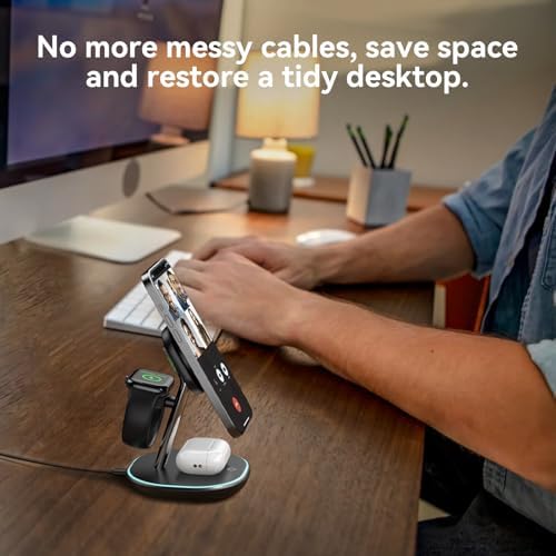 Ultimate 3-in-1 Wireless Charging Station: 15 W Fast Charger for i Phone 16/15/14/13/12, Apple Watch & Air Pods – Adjustable Viewing Stand with Sleep-Friendly Light for Enhanced User Experience (Black) – Rapid, Safe Power Delivery with Multi-Protection Features