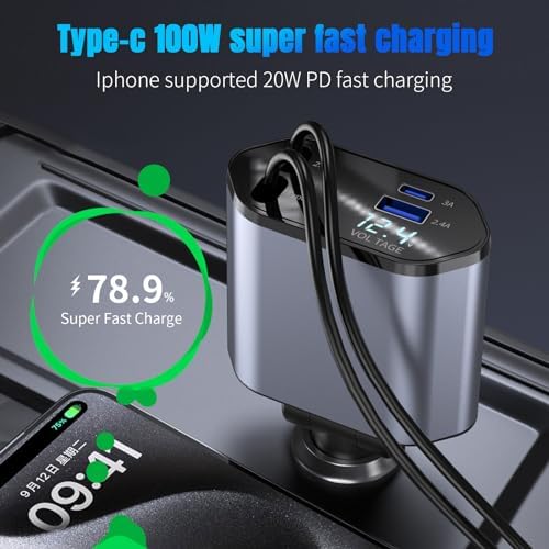 Ultimate 4-in-1 Retractable Car Charger – 100 W Fast Charging Adapter with Dual USB Ports and 2.6 ft Cable for i Phone 15/14/13/12 Pro Max & Galaxy S23 – Compact Design for Superior Compatibility and Organized Charging Solutions