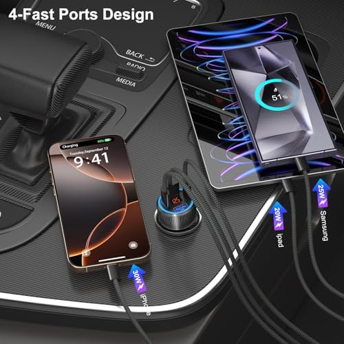 Premium 65 W Multi-Port USB C Car Charger for i Phone 16/16 e/15 Pro Max & Samsung Galaxy Devices – Dual USB-C Fast Charging Adapter with Integrated Voltmeter for Safe, Efficient Power Delivery on the Go – Ideal for Family Road Trips & Daily Commutes