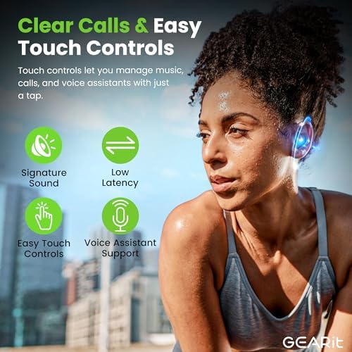 Premium GEARit True Wireless Earbuds – 20-Hour Extended Playtime with Crystal Clear HD Audio for Ultimate Sound Immersion – Sweatproof IPX5 Rating Perfect for Active Lifestyles – Effortless Bluetooth Pairing for i Phone & Android – Essential for Gym, Daily Commutes, and Leisure Listening