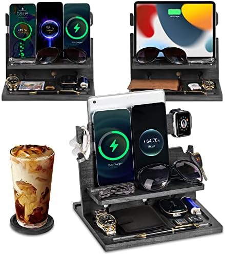 Premium Black Wood Multi-Device Docking Station – Sleek Nightstand Organizer with Hidden Drawer for Valuables, Ideal for Phones, Tablets, Apple Watch, Keys, and EDC Essentials – Streamlined Charging and Elegant Design for Home or Office