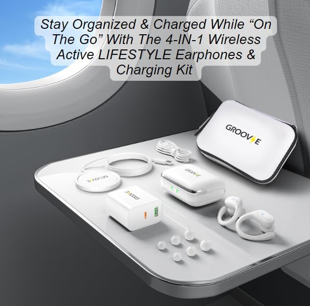 Revolutionize Your Listening Journey with Groove Electronics 4-in-1 Wireless Earbuds – Exceptional 80 Hours of Playtime, State-of-the-Art Bluetooth 5.3 Connectivity, Advanced Active Noise Cancelling for Pure Immersion, IPX7 Waterproof Rating for Ultimate Durability, and Innovative LED Display | Bonus Phone Charging Pad Included for Seamless Power Management